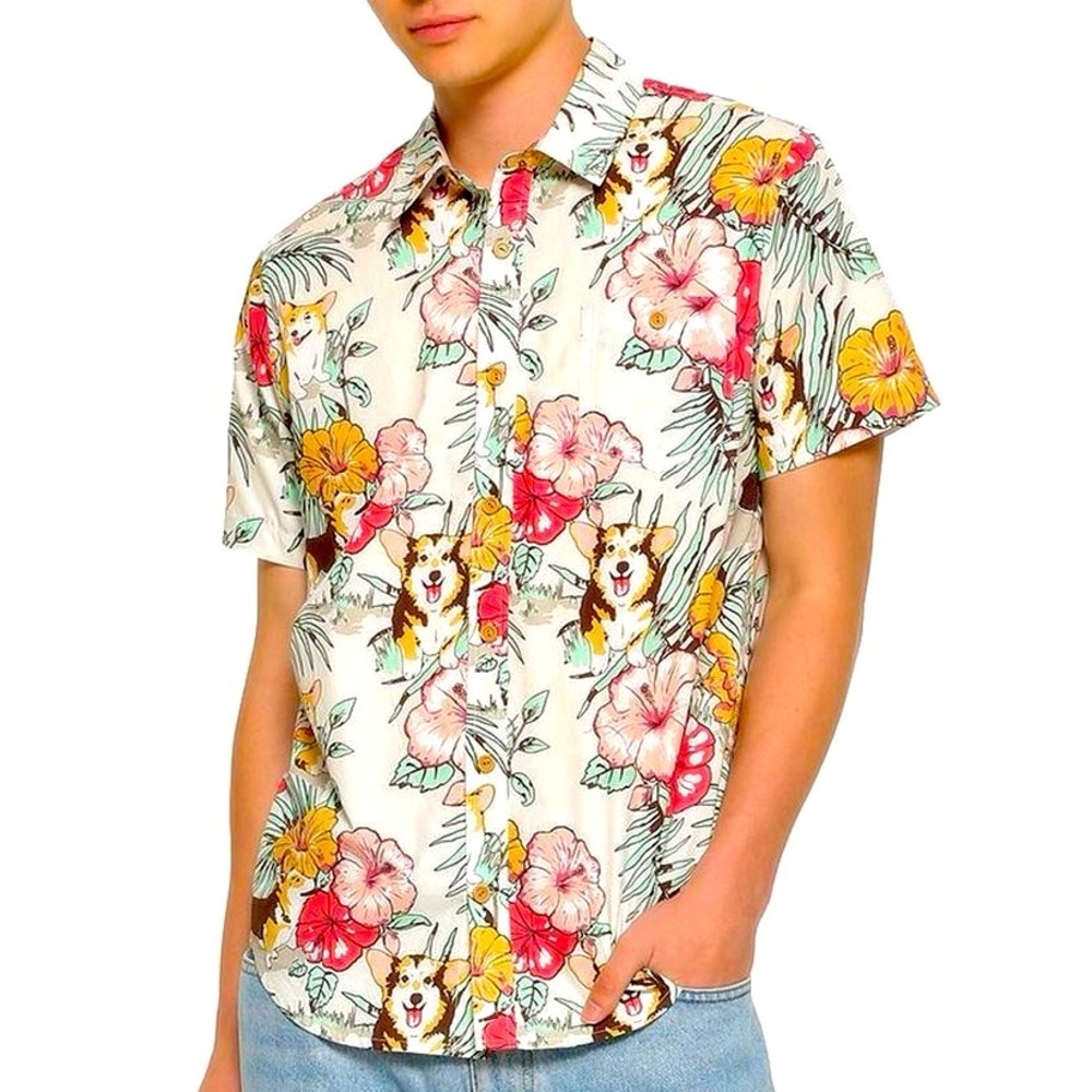 Hot Topic Tropical Corgi Vibes Short-Sleeve Woven Men’s Button-Up Size Medium
